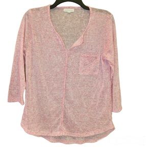 Kate & Sam Linen Blend Pocket V Neck‎ 3/4 Sleeve Shirt Pink Medium